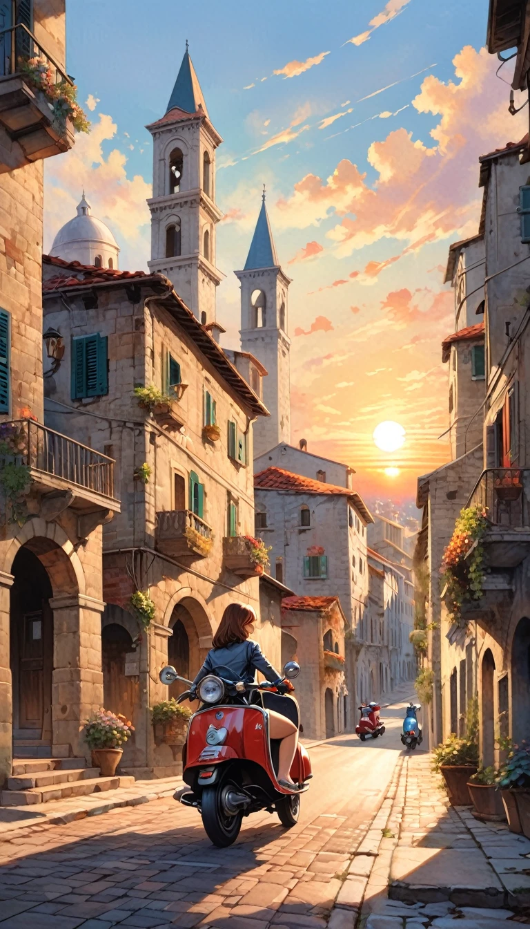 street of a classic Italian stone town: 1.5, sunrise, great detail of buildings, towers, pretty 1girl on 1scooter in the scene (art inspired by Bill Sienkiewicz). oil painting)