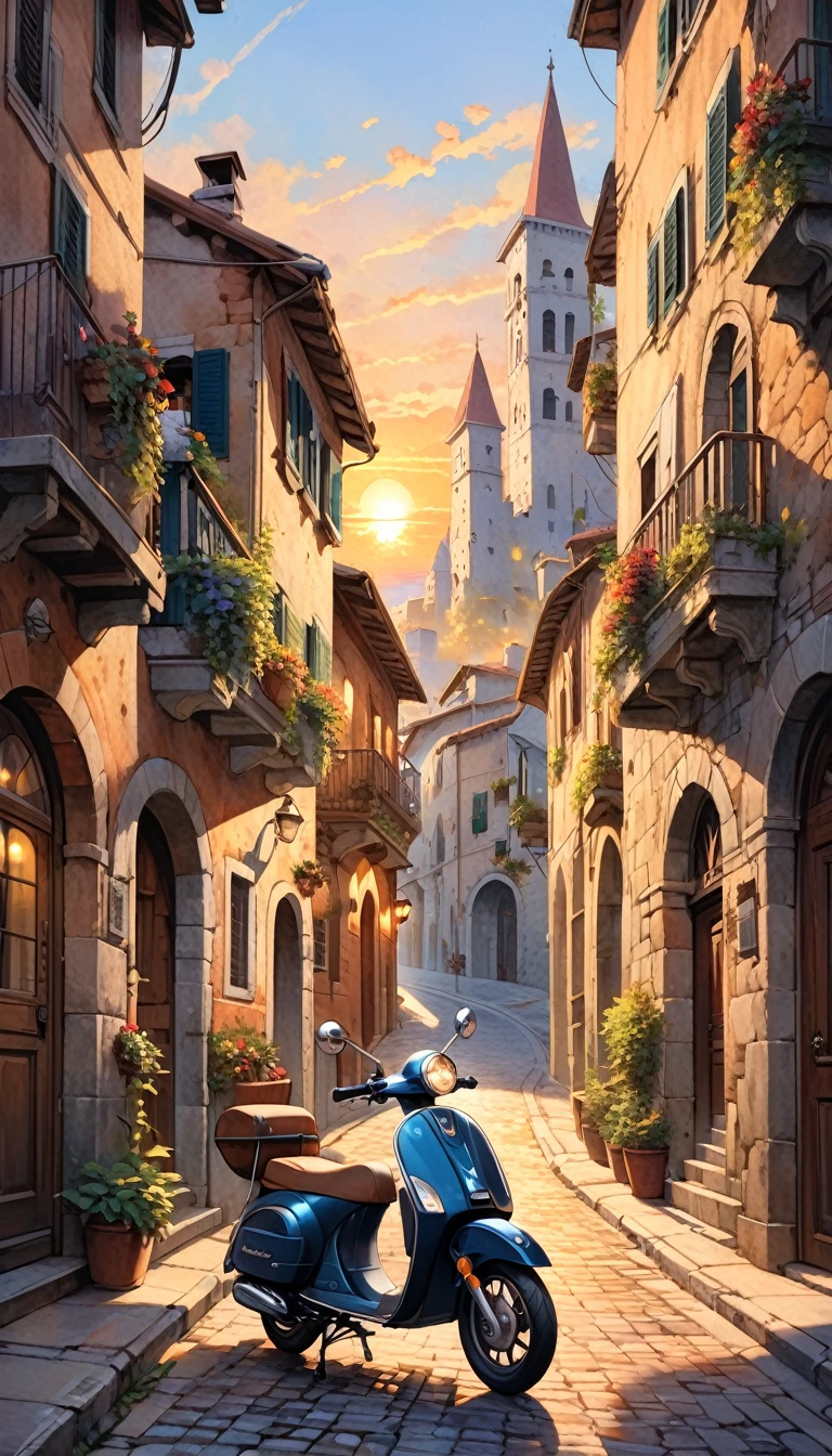 street of a classic Italian stone town: 1.5, sunrise, great detail of buildings, towers, pretty 1girl on 1scooter in the scene (art inspired by Bill Sienkiewicz). oil painting)
