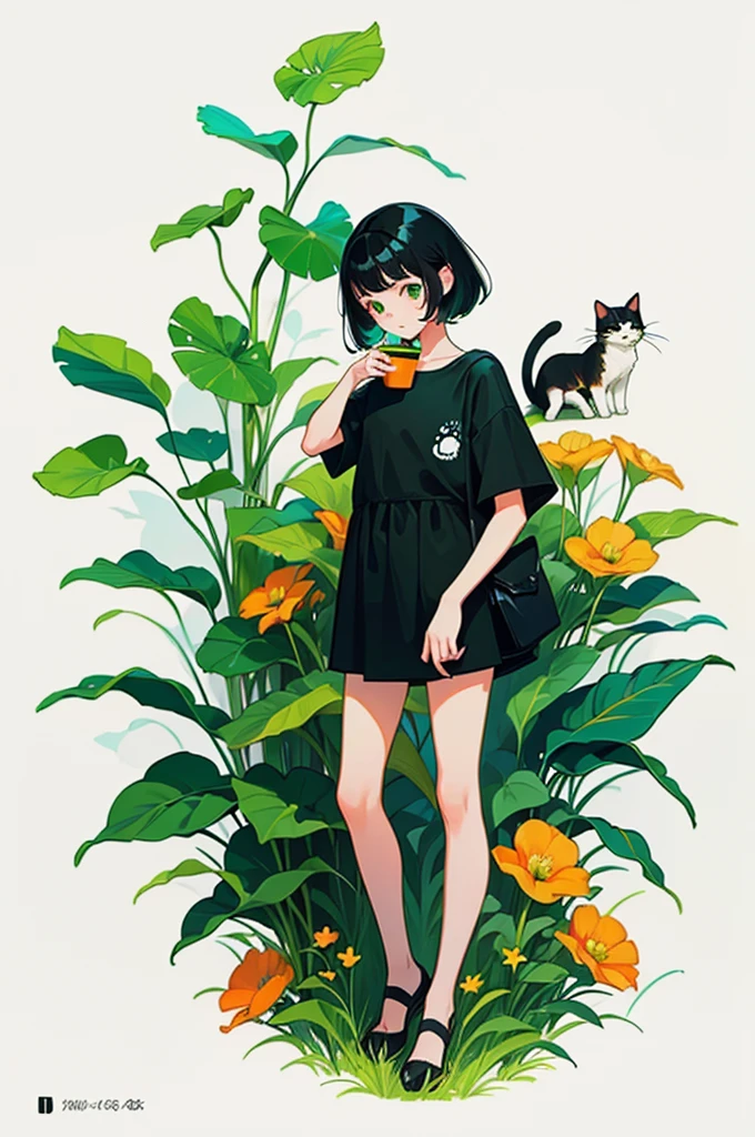 yxycolor，girl ，coffee cup，Cat，black hair，Simple drawing、green，blue，orange color，illustration，green plants，A small number of flowers，clean background