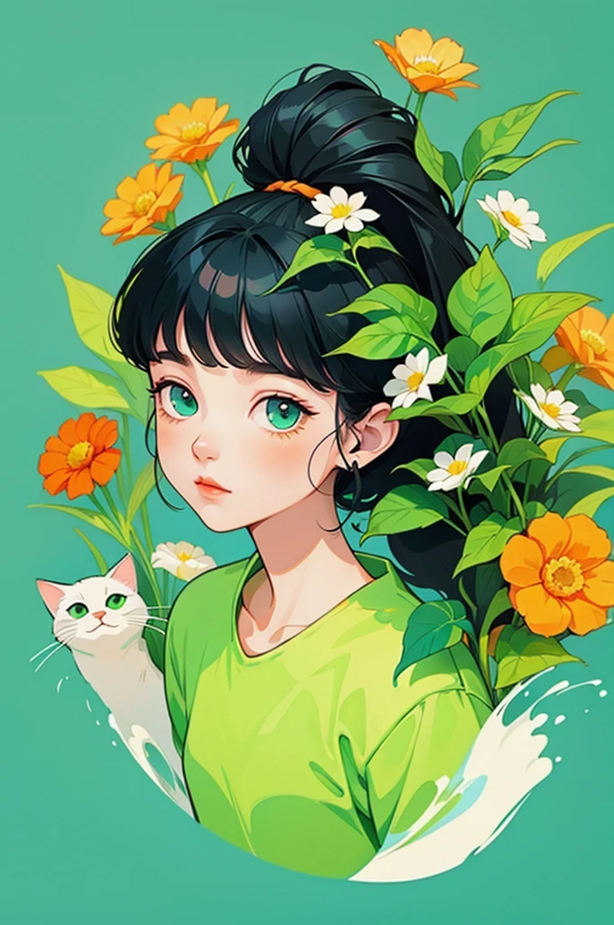 yxycolor，girl ，coffee cup，Cat，black hair，Simple drawing、green，blue，orange color，illustration，green plants，A small number of flowers，clean background