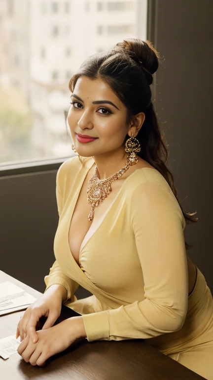 day scene, extreme close up photo of naked Indian from top view, hourglass figure, swooping breasts, deep cleavage, curvy, armpits, seductive eyes, look at viewer and subtle smile, sitting on table in office, necklace, yellow unbuttoned shirt, braless, red lips, sultry, ponytail, (cinematic:1.3), intricate details, (ArtStation:1.2)