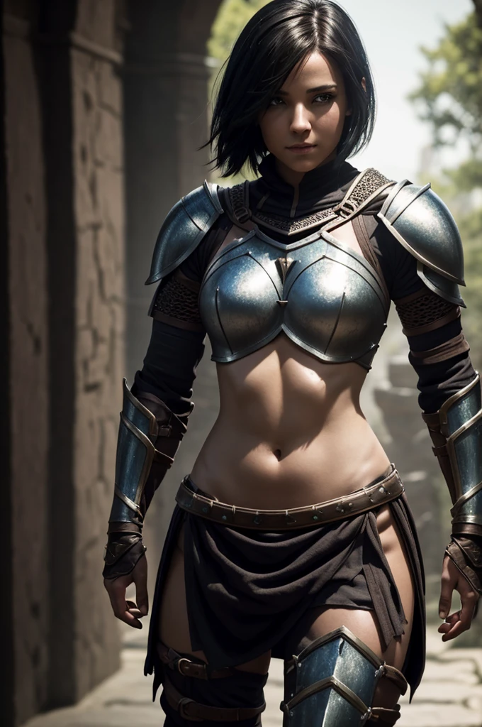 A beautiful female rogue, short black hair, Dungeons and Dragons aesthetic, (((skimpy armour))), high detail face, high detail skin, 8, HDR, high resolution, photo-realistic, cinematic lighting, depth of field, bokeh, rim lighting, backlit, cool colours, night