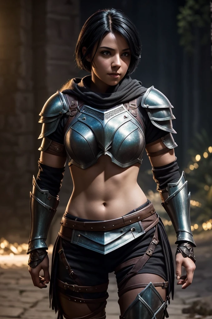 A beautiful female rogue, short black hair, Dungeons and Dragons aesthetic, (((skimpy armour))), high detail face, high detail skin, 8, HDR, high resolution, photo-realistic, cinematic lighting, depth of field, bokeh, rim lighting, backlit, cool colours, night