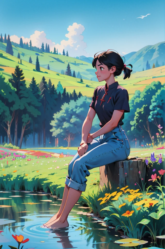 Beautiful summer scenery in Chinese countryside,A lively and lovely child,Black hair,They are wearing short sleeves and shorts,Roll up your trouser legs,Sitting by the clear pond and laughing;Surrounded by lush greenery and a vast expanse of gorgeous flowers;They contrast beautifully with the blue sky and the hills in the distance.,It forms a peaceful and beautiful picture;In the foreground is a field of colorful flowers。