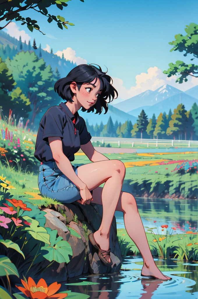 Beautiful summer scenery in Chinese countryside,A lively and lovely child,Black hair,They are wearing short sleeves and shorts,Roll up your trouser legs,Sitting by the clear pond and laughing;Surrounded by lush greenery and a vast expanse of gorgeous flowers;They contrast beautifully with the blue sky and the hills in the distance.,It forms a peaceful and beautiful picture;In the foreground is a field of colorful flowers。