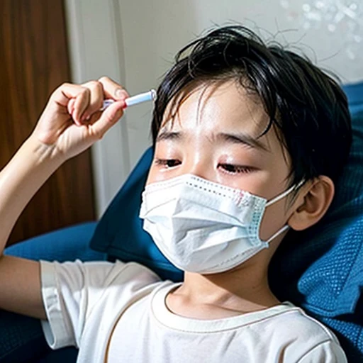Handsome kindergarten boy with infectious disease、Appearance of suffering. He is wearing a white mask. He has a high fever. he is sleeping. He has a cough. He is exhausted. He is taking his temperature with a thermometer. He is dying. He is cooling his forehead with a cooling gel sheet..Are crying