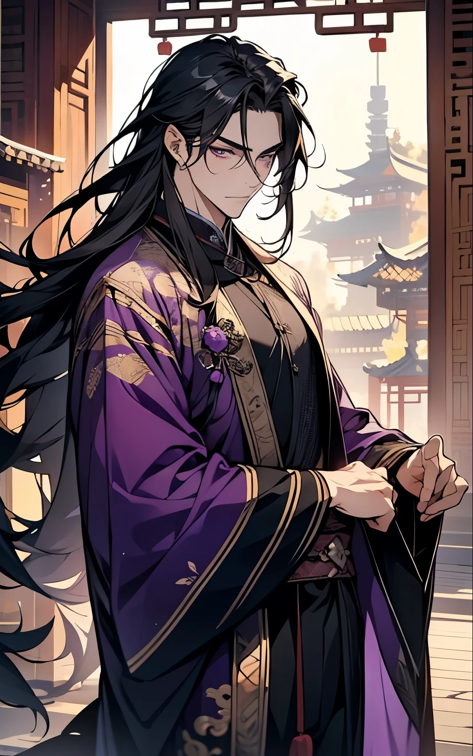 1 middle-aged man, (45 years old), long black hair, violet eyes, chinese clothes, (!PURPLE! clothes), available at purple chinese room