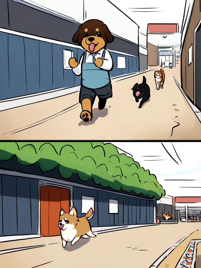 Anime dogs running away after stealing food from a fish market