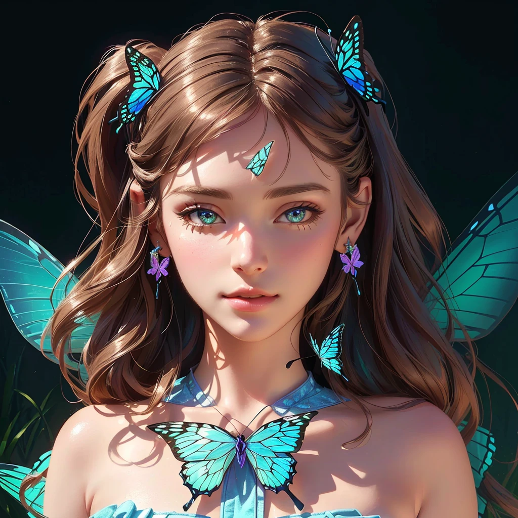 wearing butterfly decoration, butterfly decor, butterfly earring, butterfly hairband, beautiful fairy, beautiful fairy portrait, fantasy concept,pretty girl face,photo realism, cinematic rendering, ray tracing, highest quality, highest detail, Cinematic,8K, Ultra-HD, Natural Lighting,