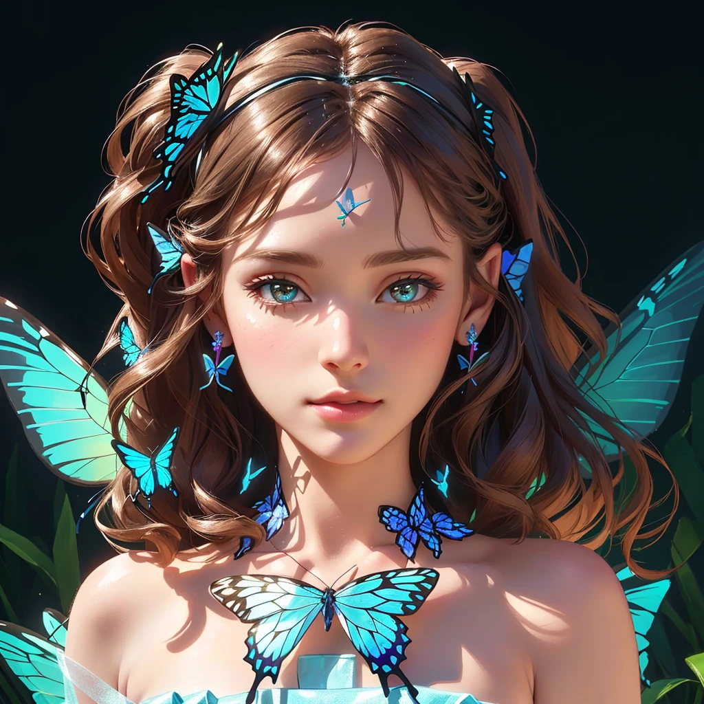 wearing butterfly decoration, butterfly decor, butterfly earring, butterfly hairband, beautiful fairy, beautiful fairy portrait, fantasy concept,pretty girl face,photo realism, cinematic rendering, ray tracing, highest quality, highest detail, Cinematic,8K, Ultra-HD, Natural Lighting,