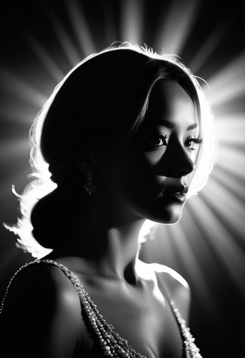 black and white, Candid silhouette of a woman, half body shot, whimsical photography style, captured with an Arriflex 35BL camera using Canon K25 prime lenses, cinematic, dramatic lighting, ultra clear, breathtaking surreal masterpiece.