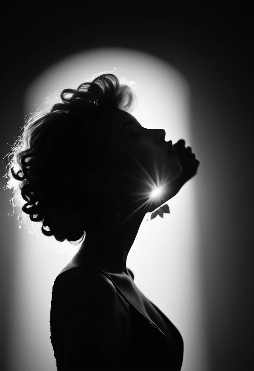 black and white, Candid silhouette of a woman, half body shot, whimsical photography style, captured with an Arriflex 35BL camera using Canon K25 prime lenses, cinematic, dramatic lighting, ultra clear, breathtaking surreal masterpiece.
