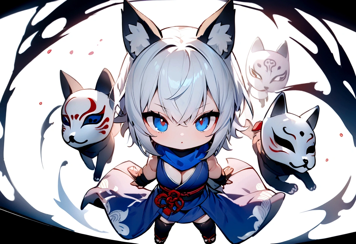 chibi,No sleeve、Bleaching、(masterpiece, best quality:1.2), 1girl, 独奏,Wolf girl, fox mask, ninja, girl, white hair, odd eyes, blue kimono, ninja girl, red and blue scarf,Chibi Character、White background, fantastic atmosphere.White background、、Black fox mask、Fisheye Lens、hair、Bandage on chest、boy、Black fox mask、