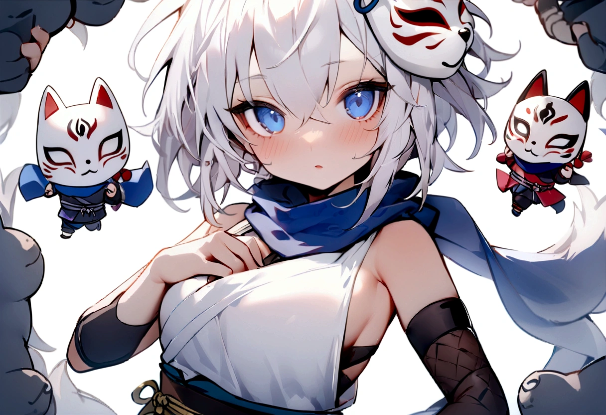 chibi,No sleeve、Bleaching、(masterpiece, best quality:1.2), 1girl, 独奏,Wolf girl, fox mask, ninja, girl, white hair, odd eyes, blue kimono, ninja girl, red and blue scarf,Chibi Character、White background, fantastic atmosphere.White background、、Black fox mask、Fisheye Lens、hair、Bandage on chest、boy、Black fox mask、
