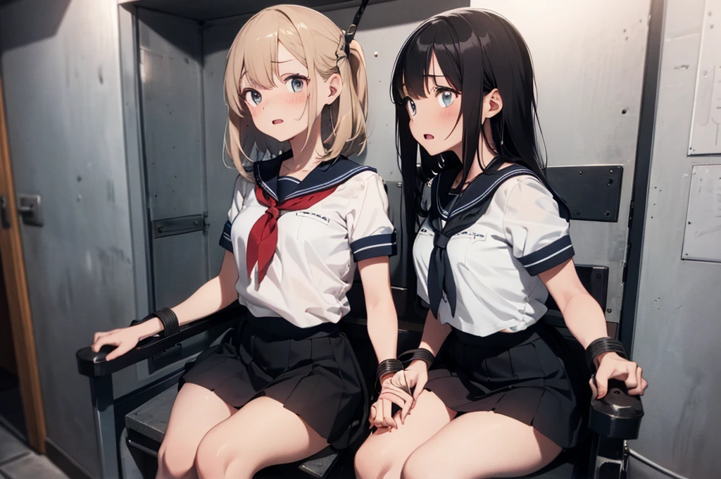 3 girls, ((squeezed together, inside tiny cube, strapped to chairs)), (open legs:1.5), (blushing:1.5), (sitting:1.5), (bondage chair:1.5), (inside torture room:1.5), ((basement, metal room)), (((3 girls, group of girls))), (inside tiny cube, tightly packed), arms to sides , wrist cuffs, ankle cuffs, (((shocked expression, struggling))), ((short sleeve, sailor uniform, mini skirt, tight clohing)), arms to sides, long hair, dark hair, saphire eyes, perfect body, perfect face, detailed face, (((detailed eyes))), image taken from afar