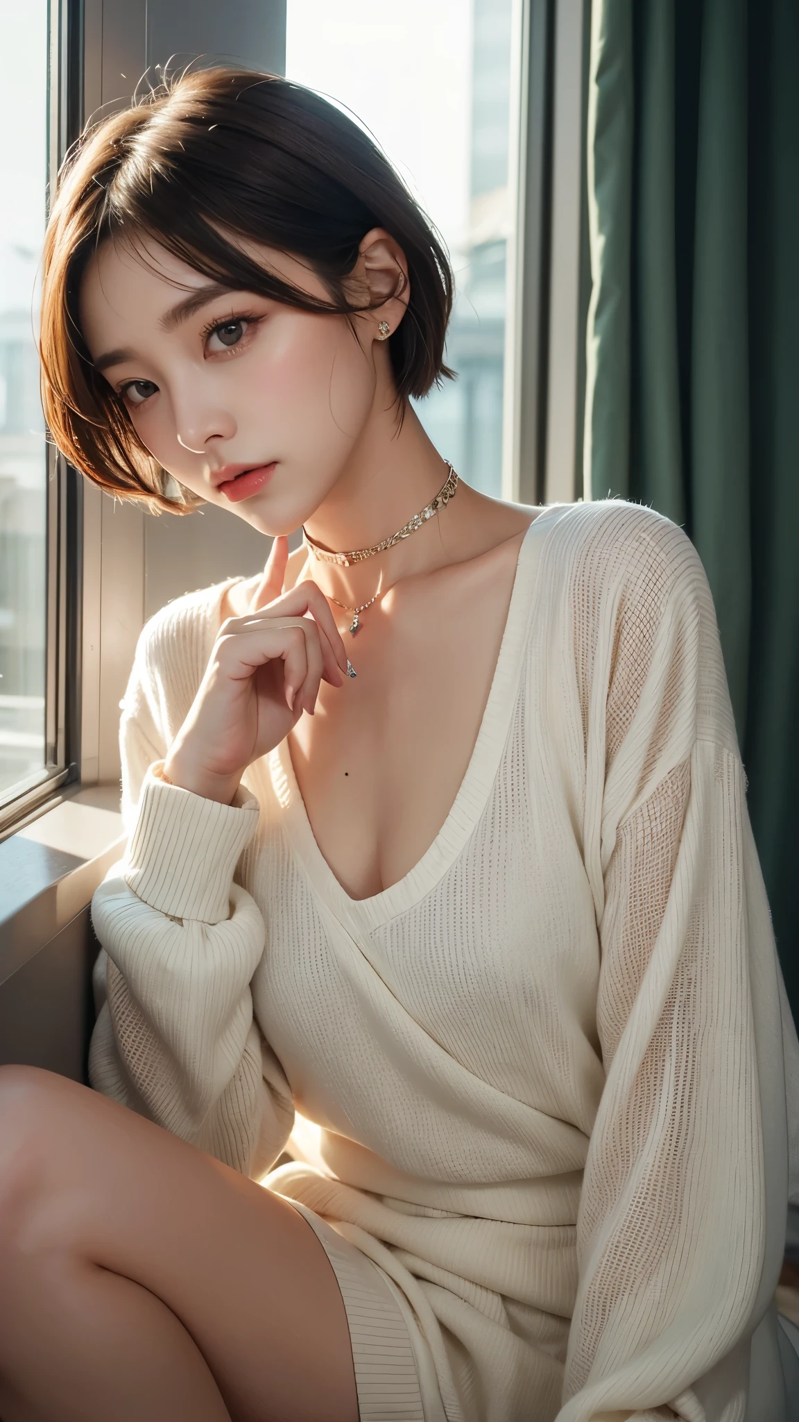 necessity, alone, 1 girl, 검은 Fingernail, jewel류, Short hair, looking at viewer, choker, necklace, touch one&#39;s face, piercing, ((black background)), heart mark, closed mouth, gray eyes, manicure, simple background, gray hair, ear piercing, Black choker, laugh, Eyelashes, Lips, Put your hand on your own cheek, forehead, bracelet, bead, jewel, earring, Fingernail, whole body