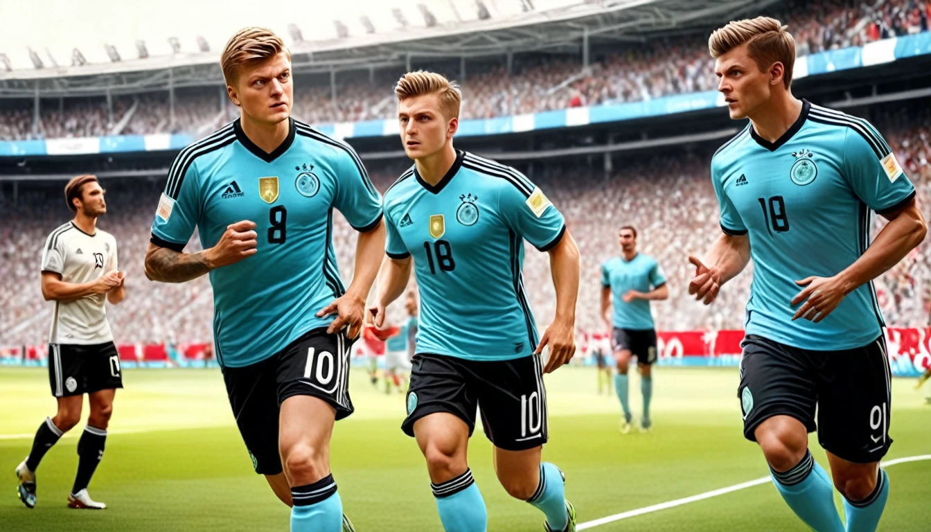 high quality, hyperdetailed, 3d, dynamic, dramatic lighting, highly detailed, photorealistic, 1 german male soccer team, soccer players, athletes, football, soccer, team, sports, sports uniforms, soccer jerseys, cleats, soccer ball, soccer field, stadium, crowds, cheering fans, flags, banners, action pose, muscular figures, sweat, motion blur, depth of field, germnan flag on jersey, (Toni Kroos)