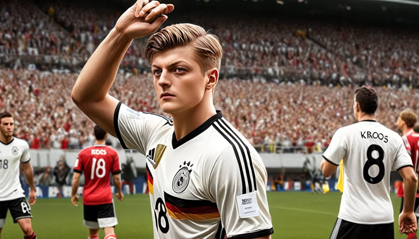 high quality, hyperdetailed, 3d, dynamic, dramatic lighting, highly detailed, photorealistic, 1 german male soccer team, soccer players, athletes, football, soccer, team, sports, sports uniforms, soccer jerseys, cleats, soccer ball, soccer field, stadium, crowds, cheering fans, flags, banners, action pose, muscular figures, sweat, motion blur, depth of field, germnan flag on jersey, (Toni Kroos)