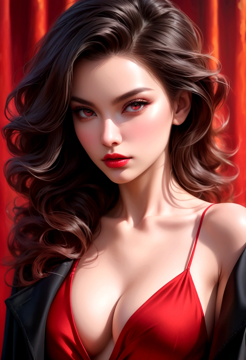 a beautiful woman in a red spaghetti strap dress, long black coat, detailed face, stunning eyes, luscious lips, gorgeous figure, flawless skin, dynamic pose, dramatic lighting, cinematic composition, vibrant colors, oil painting, photorealistic, hyper detailed, 8k