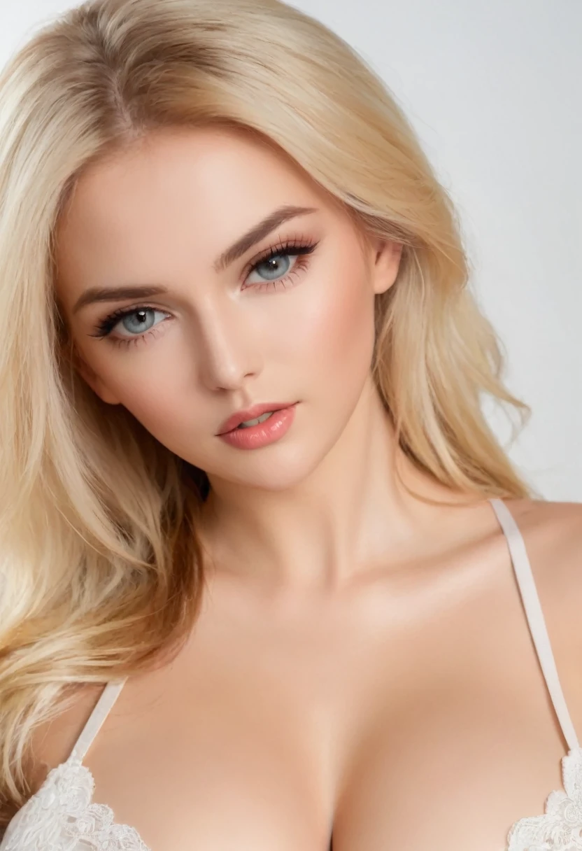 Leila、20-year-old、(Russian women)、(Cute face)、(Sexy features)、Grey Eyes、thick upper lip、Blonde medium-long hair、Large Breasts、Model Style