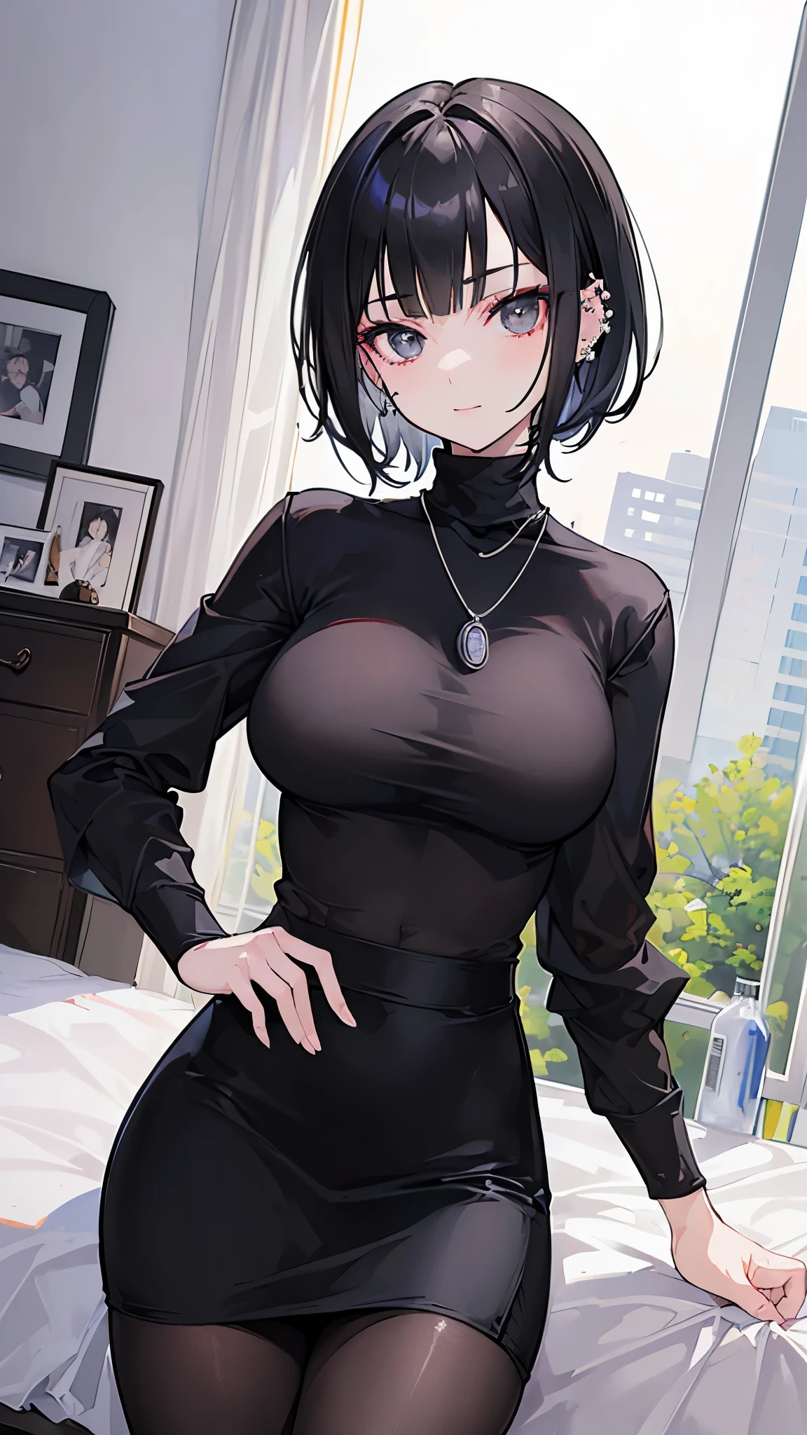 ((masterpiece、Highest quality、Very detailed))、One girl、Black Hair、((very short hair))、Grey Eyes、evil smile、((lots of piercing))、Large Breasts、((black turtleneck))、necklace、((black pencil skirt))、((black pantyhose))、Cowboy Shot、Bedroom Background