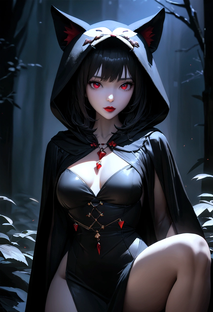 Highest quality、masterpiece、Ultra-high resolution、Raw photo(Realism:4K)、Raw photo(Thin legs) (Perfect figure)、Close-up of a beautiful woman in a wolf costume, epic fantasy game art, Red fingernails and eyes, Dark forest night background、Fair skin and beautiful red lips、Deep Shadow、Low Key、Cold light 12000K