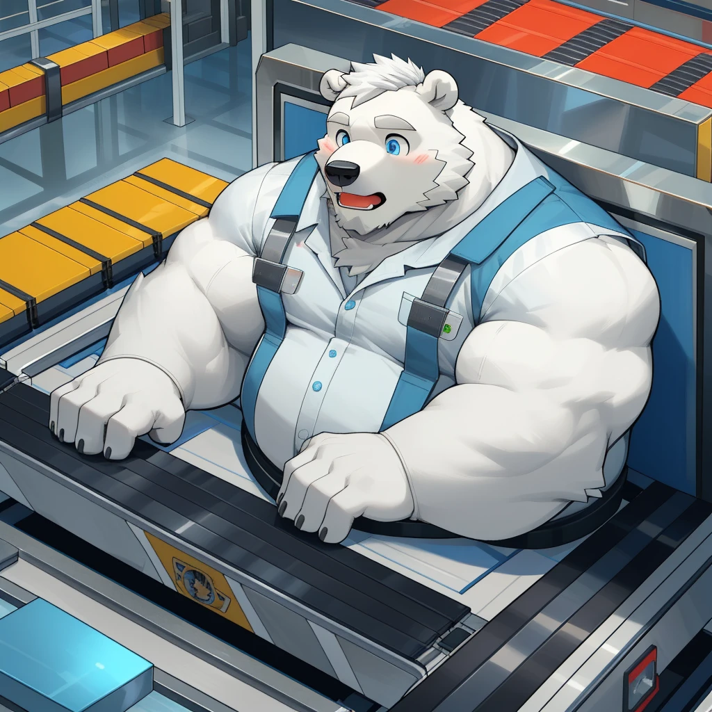 masterpiece, best quality, 8k resolution, Very detailed, hairy,(((polar bear)),(((Mature))),(((beard))),(((fat))),(((White hair all over body))),(((portrait))),(((White hair))),(((Toy factory))),For the audience,(((Worker clothing))),(((assembly line))),(((surprised))),Highest quality scene,(((whole body))),((( Blue Eyes))),(((Work while sitting))),(((Fat-enclosed muscle))),(((Round face))),(((alone))),(((Strong body))),(((Conveyor Belt))),(((Toys on the conveyor belt)))