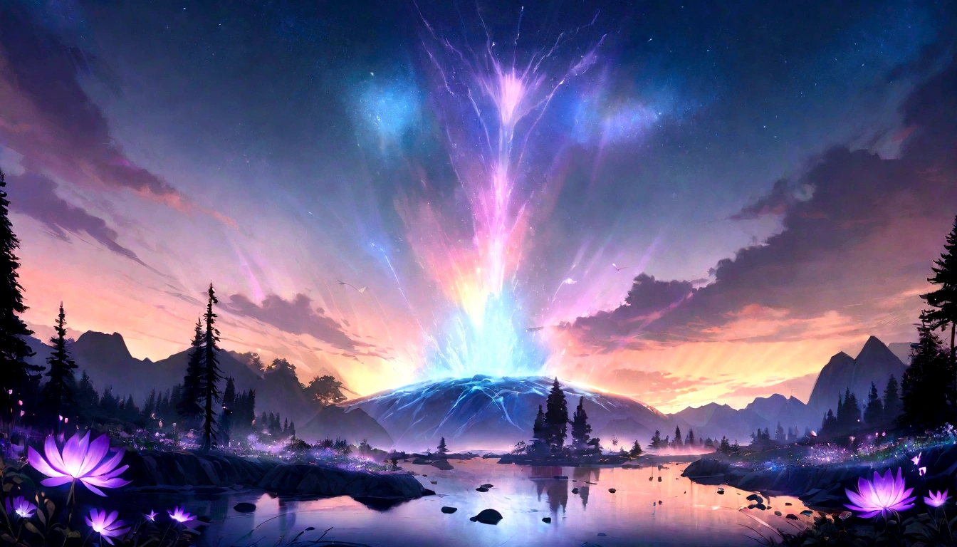 hotsprings, Cliffs, ripples, opalescent, (Photoluminescence), fancy, clearing, cinematic RAW photo, hyper real photo, ultra-realistc, dslr, soft lighting, high qualiy, reflections, fot, (twinkling) Splashing rainbow, Ablaze, (iridescente), (Alien flowers), glimmering, suds, sparkling, wet, dripping down, Trinkling, crystals growing, (secret treasure in it), misty, mistic, enchanting, Ablaze, Sunset, (master part) (best quality) (circunstanciado) (8K) (HDR) (Cinematic lighting) (sharp focus) (intrikate), many lights on the rocks, fairy lights in the trees, magical colours and atmosphere, enchanting landscape, epic dreamlike fantasy landscape, giant fluorescent fungi, magical colours and atmosphere, paisagem de fancy impressionante, bio-luminescent, epic and stunning, magical atmosphere, heavenly, fairies, Moons, wildflowers, orbes Ablazes