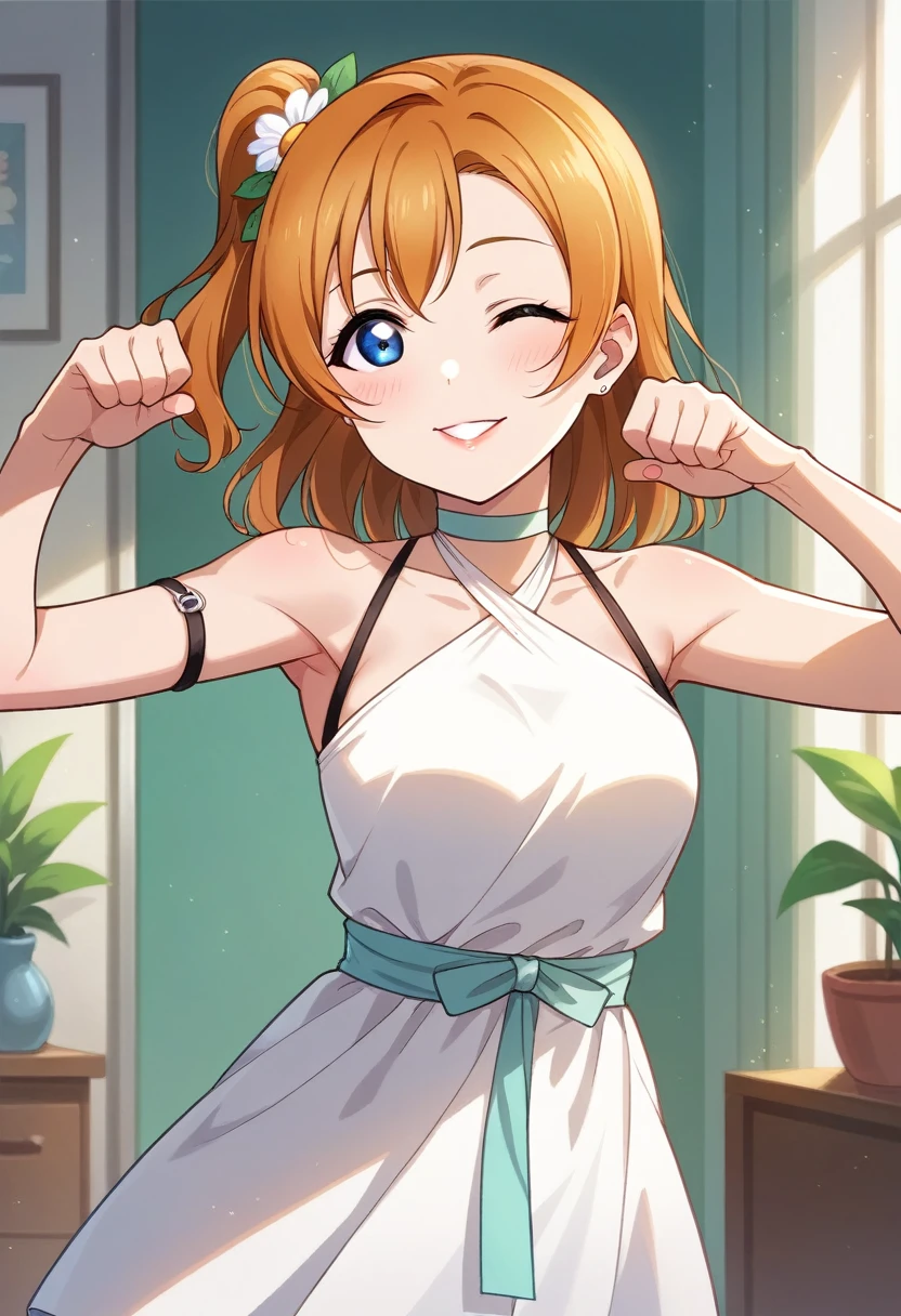 Honoka kousaka love live, blue eyes, orange hair,hair flower, solo, Fashion , bshoulders, perfect eyes, Perfect iris，Perfect skin，Soft front light，Casual，indoors；（pastel colour:1.2）, halter neck,thin straps , sexy, cowboy shot,(lipstick:0.8),duck pose,wink