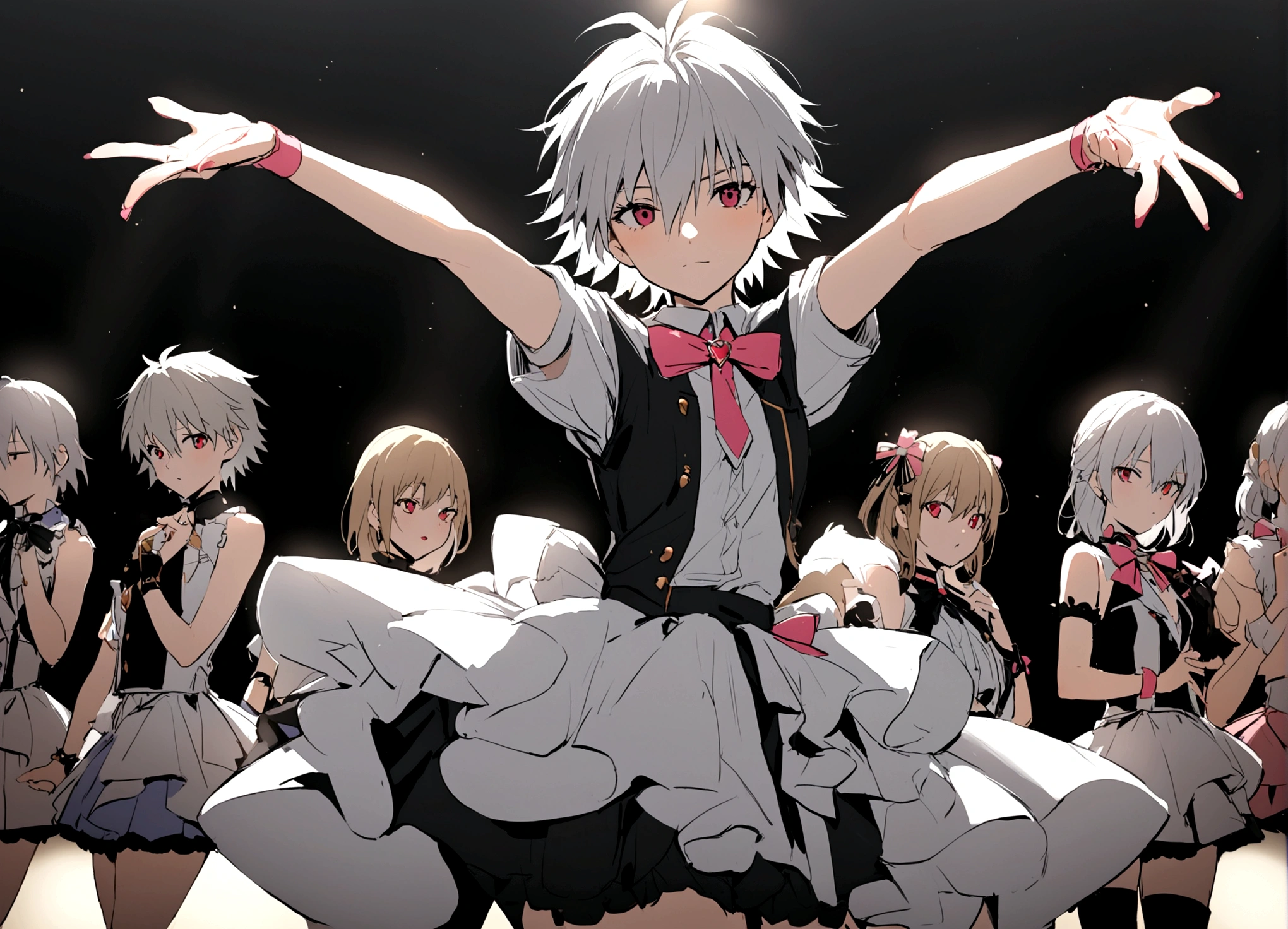 masterpiece, best quality, extremely detailed, evangelion kaworu nagisa, kaworu nagisa, genderbend, girl, seductive, hot, cute, idol, strong shining aura, cute idol clothes, alot of accessories, idol group member, (center, in middle, spotlight only kaworu), on stage, the prettiest member, multiple members, (focusing on kaworu, center)
