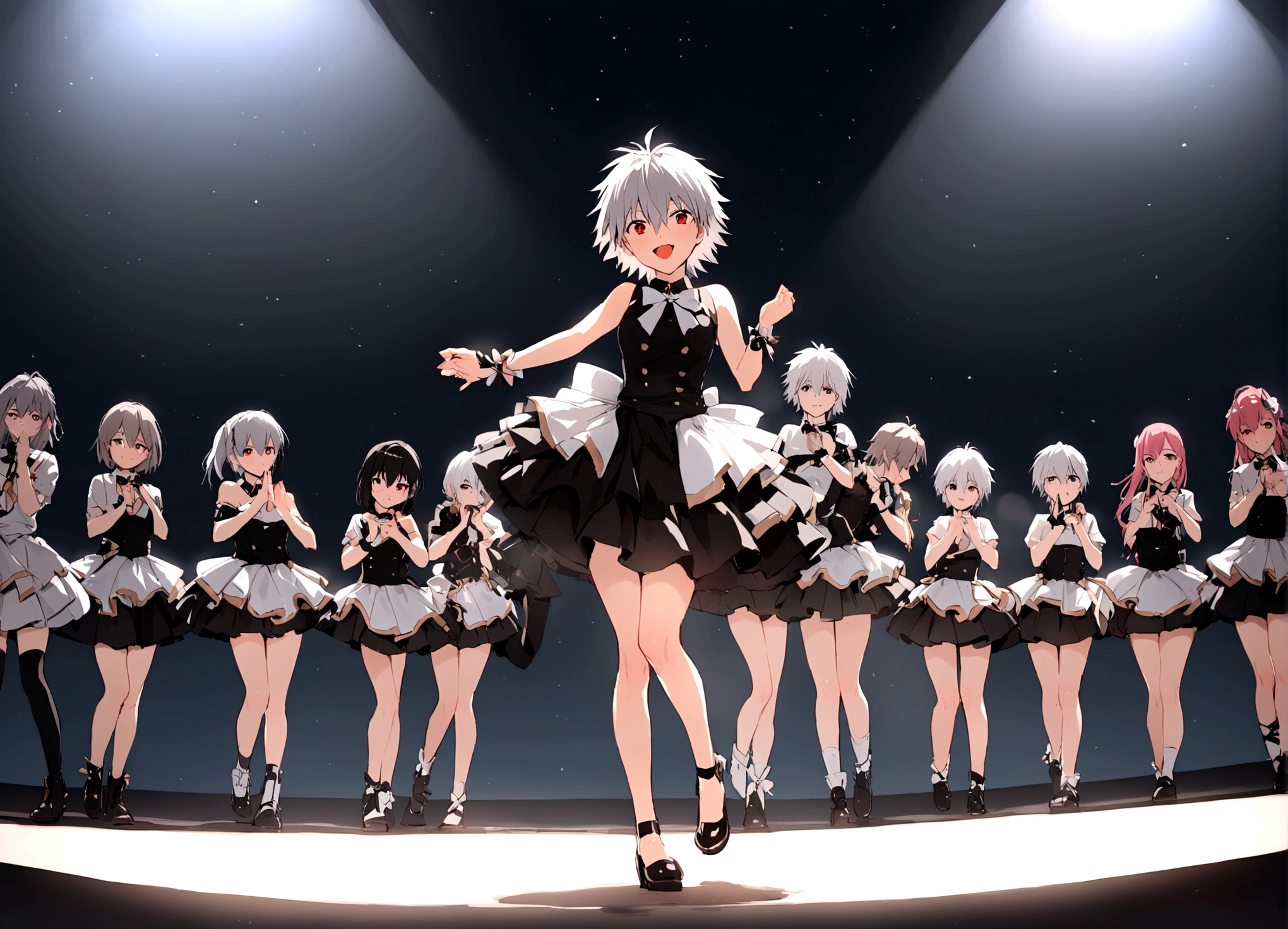 masterpiece, best quality, extremely detailed, evangelion kaworu nagisa, kaworu nagisa, genderbend, girl, seductive, hot, cute, idol, strong shining aura, cute idol clothes, alot of accessories, idol group member, (center, in middle, spotlight only kaworu), on stage, the prettiest member, multiple members, (focusing on kaworu, center)