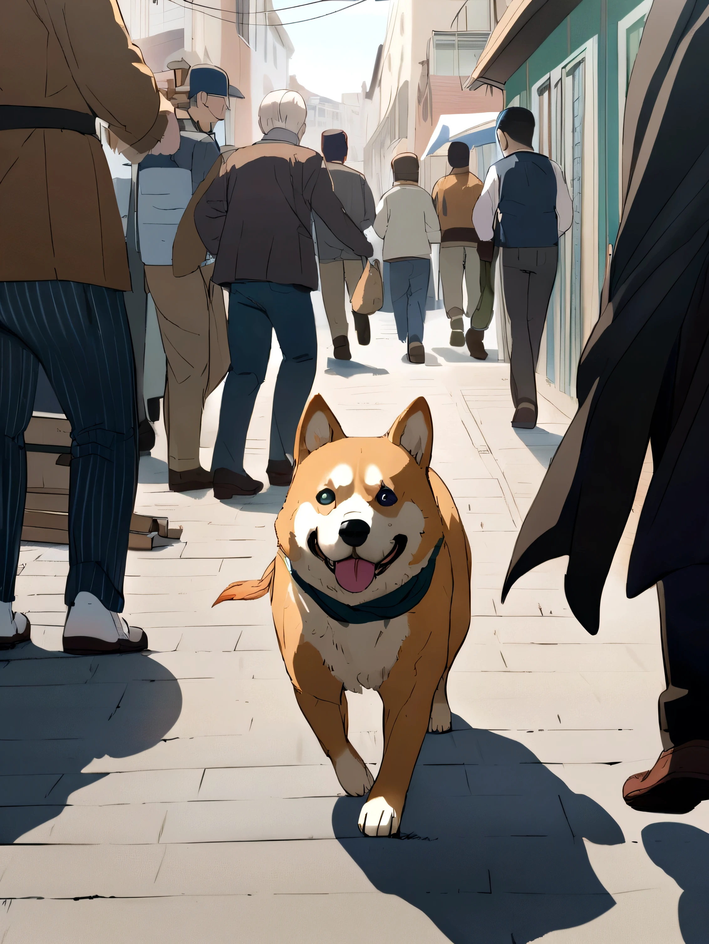 Anime dogs running away after stealing food from a fish market
