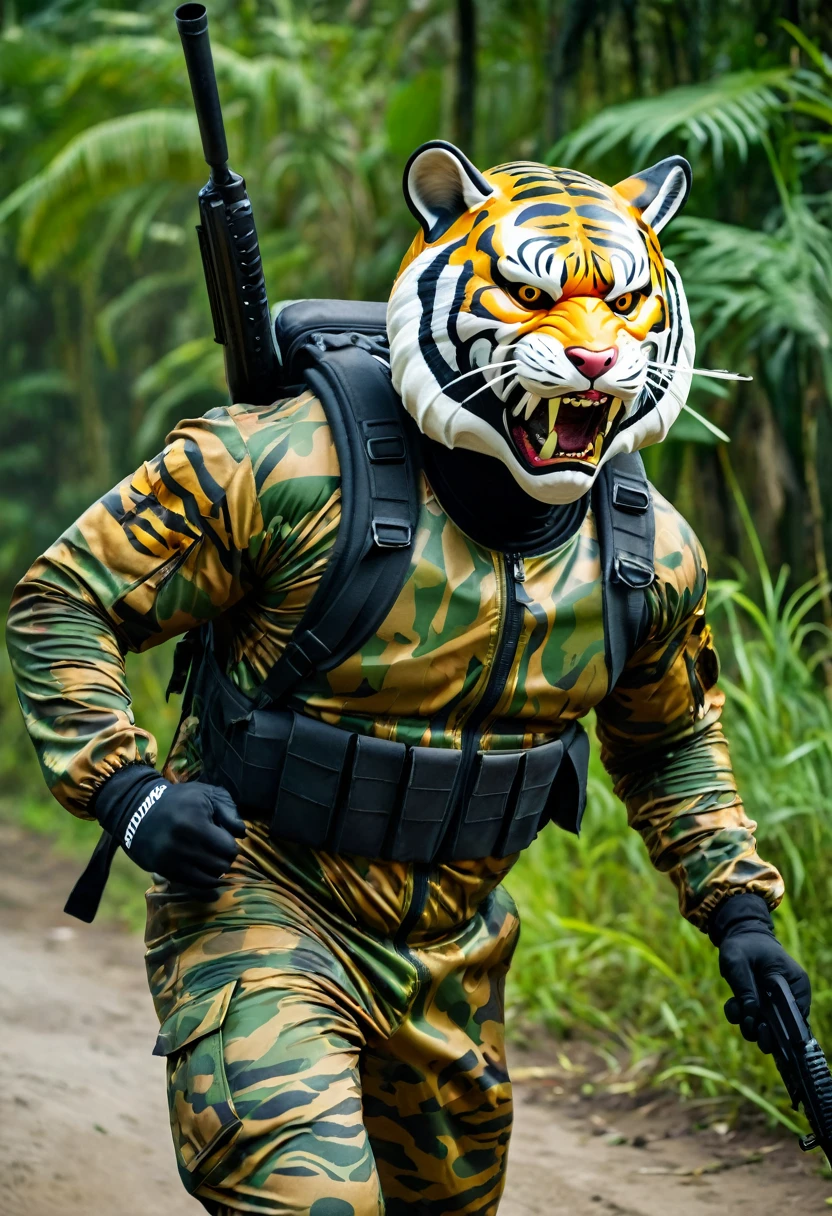 (a dark-skinned fat muscular old man in a bulky army camouflage zipper diver suit) running and shooting with a rifle, (wearing realistic roaring siberian tiger mask), muscular, Bruce Onobrakpeya, sumatraism, stanley artgermm, action, heroic, fierce, snarling