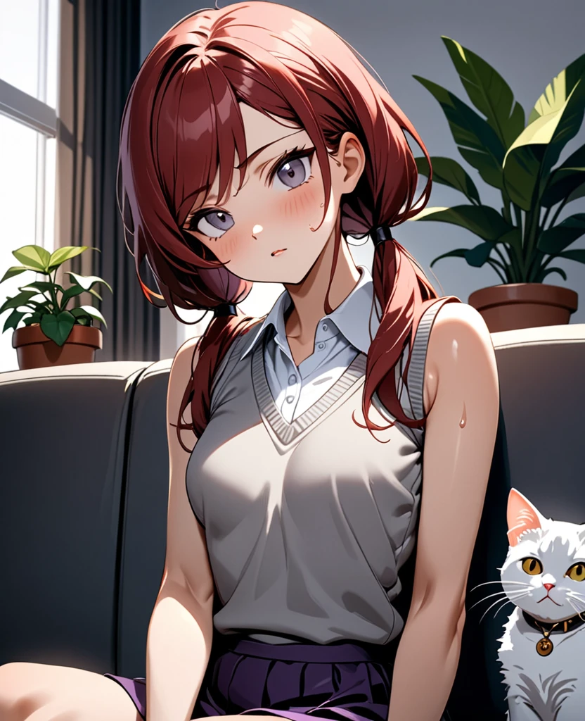 Best quality, masterpiece. Focus Only、1 young woman、Front view、Upper Body、dark purple Skirt、gray Sweater vest、Sleeveless white collared shirt, Small breasts, sweat、dark red hair in low twin tails, swept bangs, gray eyes, stoic、head tilt, toned arms、(((Sitting)))、((indoor))、((sofa)), potted plant plant, cat,