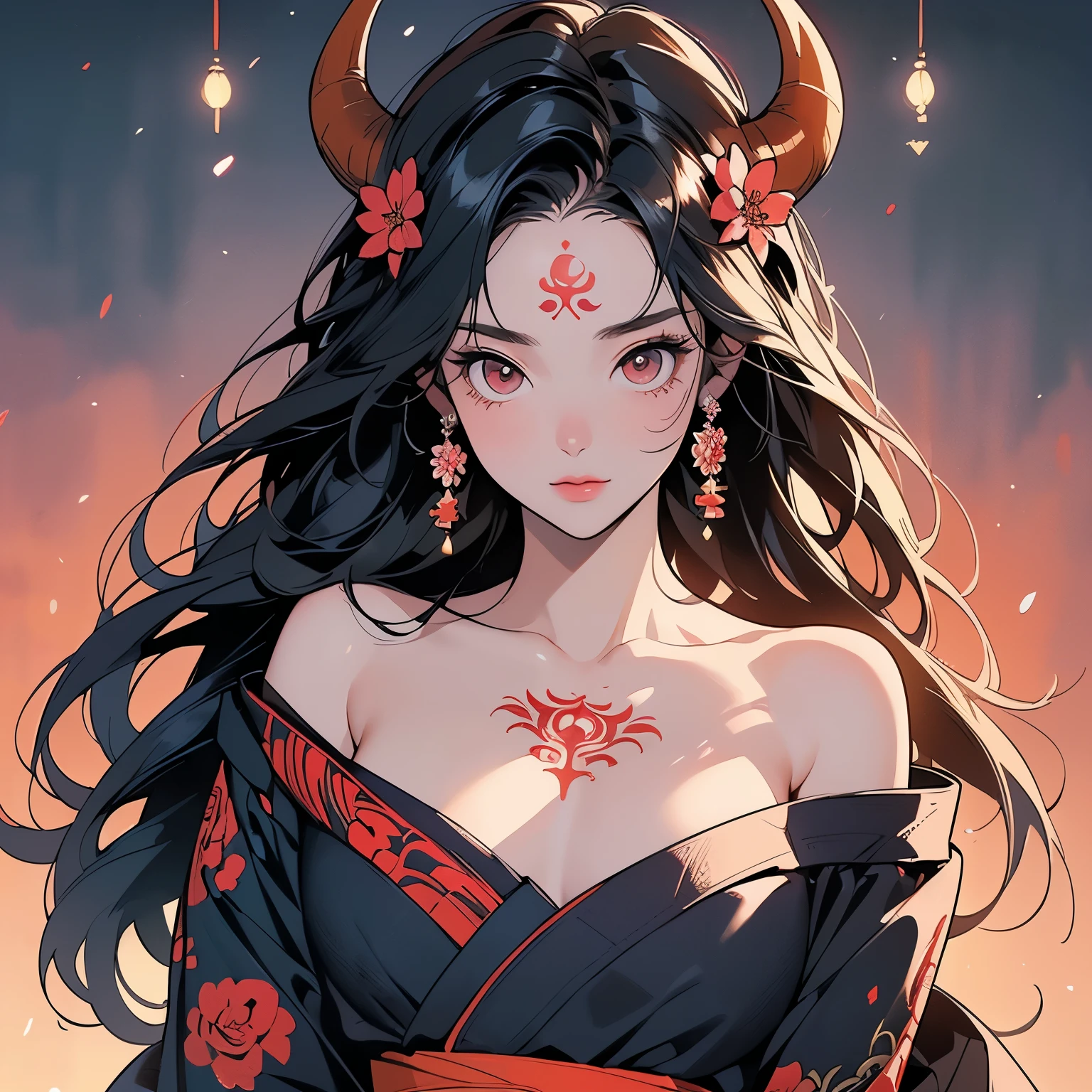 ultra complicated kimono, perfect kimono, detailed kimono, masterpiece, ultra complicated, torii gate, night view, forest, lake, one woman, perfect face, lantern, faint lighting, mysterious, (((head shot))), ultra detailed hair, sparkling eyes, mysterious, colorful sash, wind blowing,panorama, long shot, ultra complicated background, (((demon beauty woman))), red eyes, (((ultra complicated perfect long devil horns))), (((ultra complicated large perfect twisted horns))), 32k, Various angles, various poses, (((perfect face))),(((Perfect and detailed fox spirit))),(((Sanskrit characters on the forehead))),(((have a glimpse of one's chest))), (((Shoulders and chest exposed))), Various hair colors, Various hairstyles, (((Various hair lengths))),(((Large accessories on the chest))),(((Large flower tattoo on the chest)))