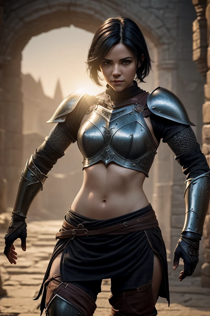 A beautiful female rogue, short black hair, Dungeons and Dragons aesthetic, (((skimpy armour))), high detail face, high detail skin, 8, HDR, high resolution, photo-realistic, cinematic lighting, depth of field, bokeh, rim lighting, backlit, cool colours, night