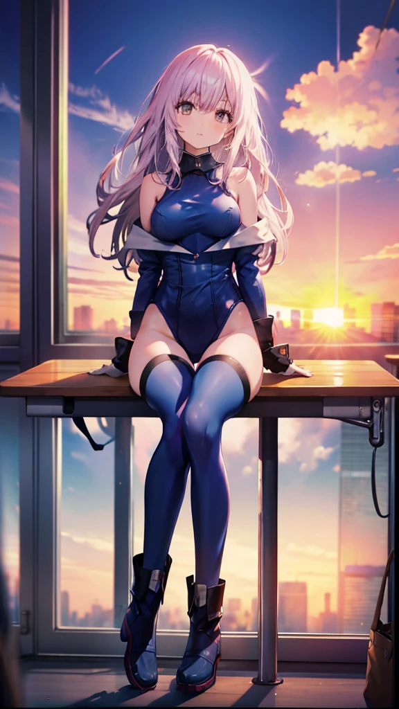 Sit at a desk，classroom，sunset，High leg，leotard，boots，high resolution，Overall image，