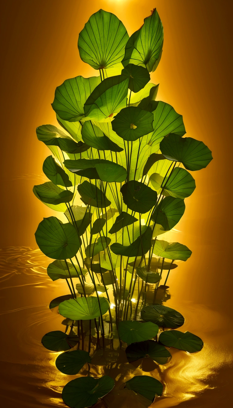 lotus, Green Stem, Silt emerges from the water, Golden Light, Buddha's Light Shines, Ultra HD, Retina, masterpiece, precise, Super Detail, High Detail, high quality, high resolution, 16K,Gold background,
