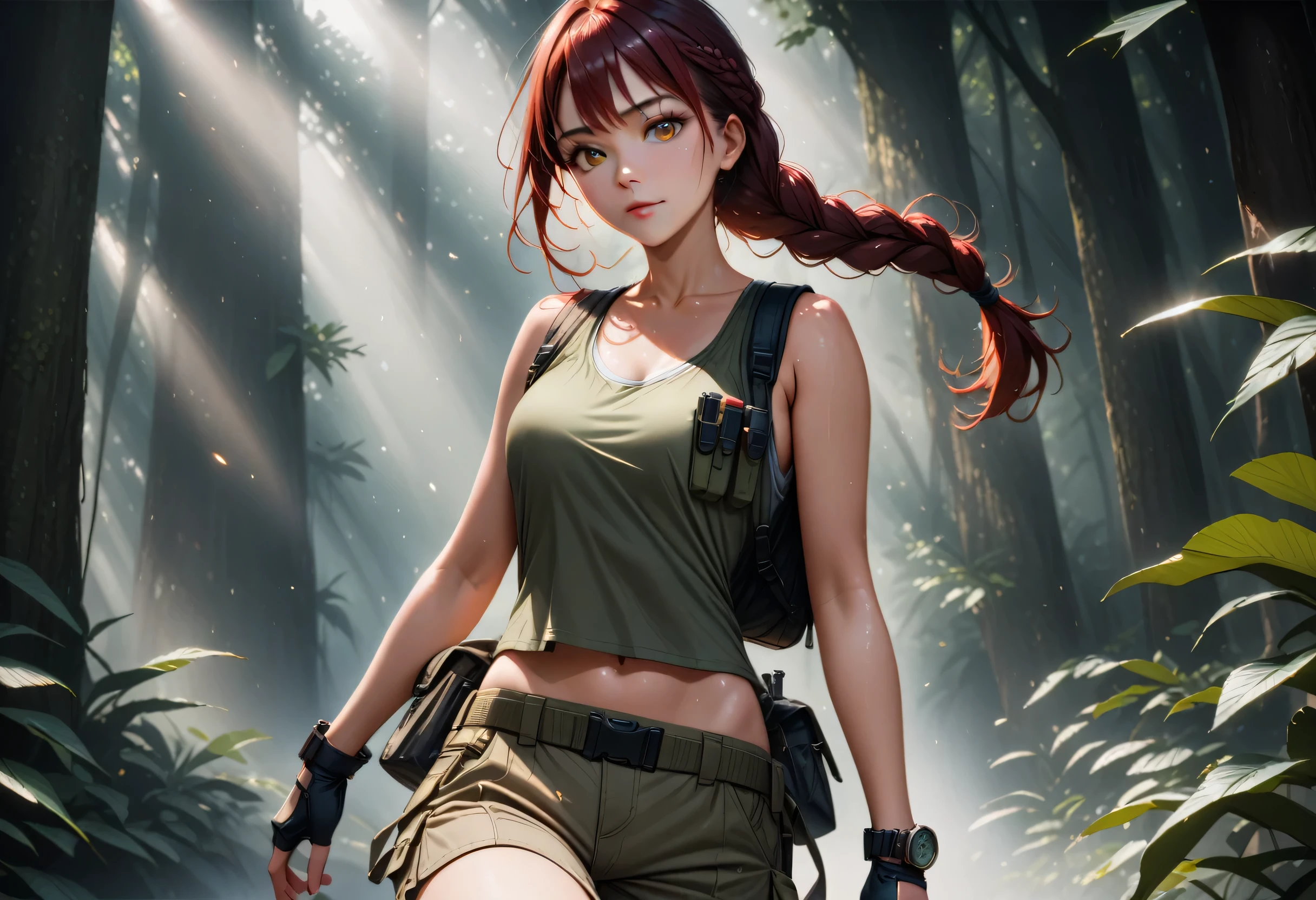 8k resolution, depth of field, lens flare, photorealistic,((best quality)), (((intricate details))), highly detailed, (((cinematic effect))), looking at viewer,A young red-haired woman usually dressed in a tank top, often olive green or black, tight-fitting and sleeveless, allowing freedom of movement. She wears shorts or cargo pants, usually khaki or dark green in color, with several pockets to store her equipment. His outfit includes a utility belt with a buckle, pistols in a holster on each side, and additional pouches for ammo and tools. She wears sturdy combat boots that provide ankle support and grip for climbing and running. Lara also wears fingerless gloves, a watch, and a backpack to carry larger items. Her hair is usually tied into a practical ponytail or braid. , emphasizing his desire for adventure in the Amazon forest,no anatomical defects, fine details, dynamic lighting, high quality.