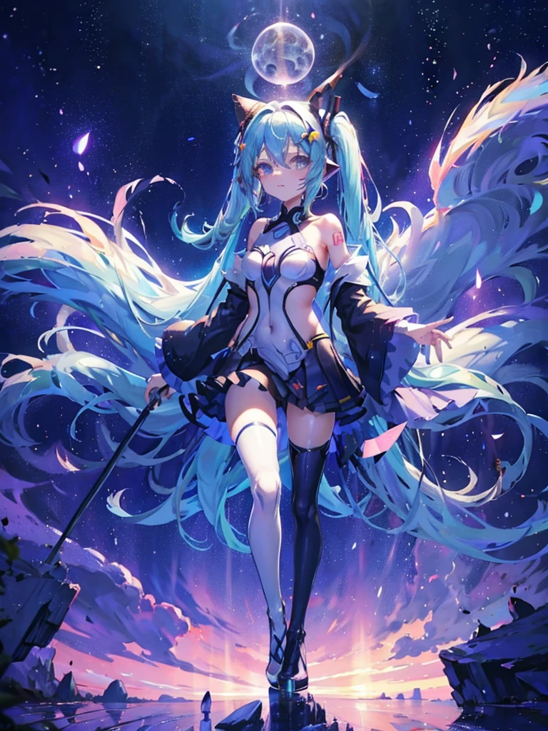 Hatsume miku x suicune , kitsune ears, art by dark natasha, jardin zen, art by dark natasha, art by vixen aztra, cuerpo completo, platas hermosas, cintura delgado, caderas amploas, piernas torneadas, hermosa, fullbody picture, recostada en una cama, mirada coqueta al expectador, standing ((upper leg coquetamente))