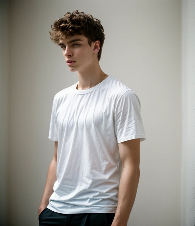 ultra-high-resolution 8K, best quality, (photo realistic:1.4), fashion model, man, 22years old, caucasian, fair skin with detailed and realistic skin texture, closed mouth, wearing white no-sleeve top, exuding the vibe of a fashion model with a neutral, serious expression, facing viewer, looking at viewer, (upper body), detailed hair, (lighting forward), epiC35mm
