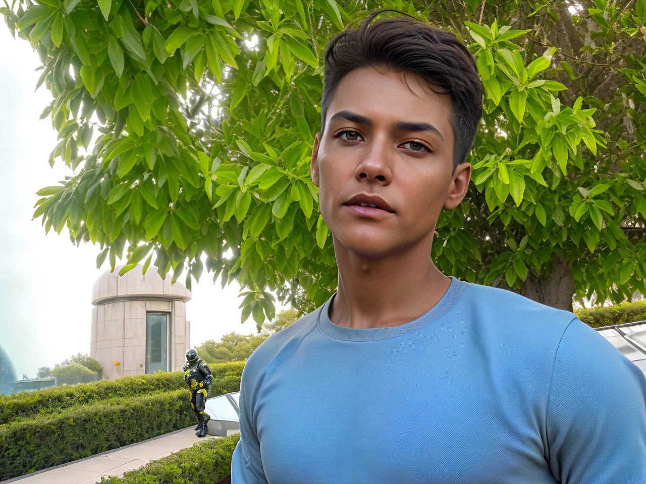 fking_scifi, award-winning photo of a man, black flight suit with yellow accents, brown hair, (gray eyes:1.35), square jawline, asymmetric face, standing in front of a window on a space ship, 80mm, bokeh, mass effect, close up, fking_cinema_v2