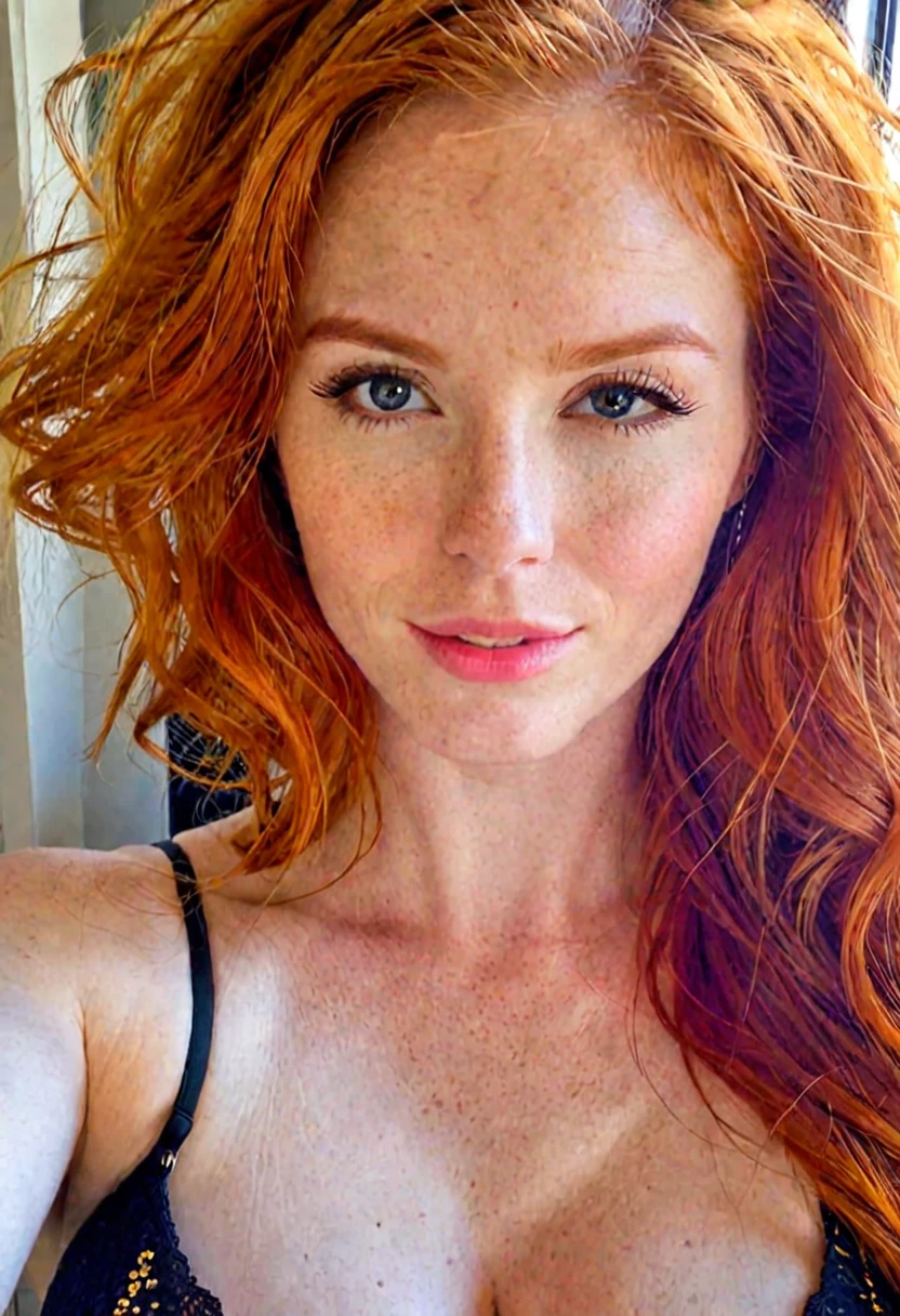 Une femme rousse dans un selfie habillé très sexy qui sourit