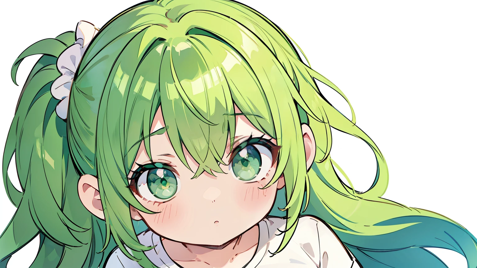 masterpiece, beautiful detailed, {Oversized T-shirt}, green theme, green Eyes, green hair, one side up, 1girl, looking at viewer, looking ahead, from above, medium , hair scrunchie, ((no background:1.4)), {{{{{Alphonse Mucha}}}}},{{{bold outline}}}, limited palette