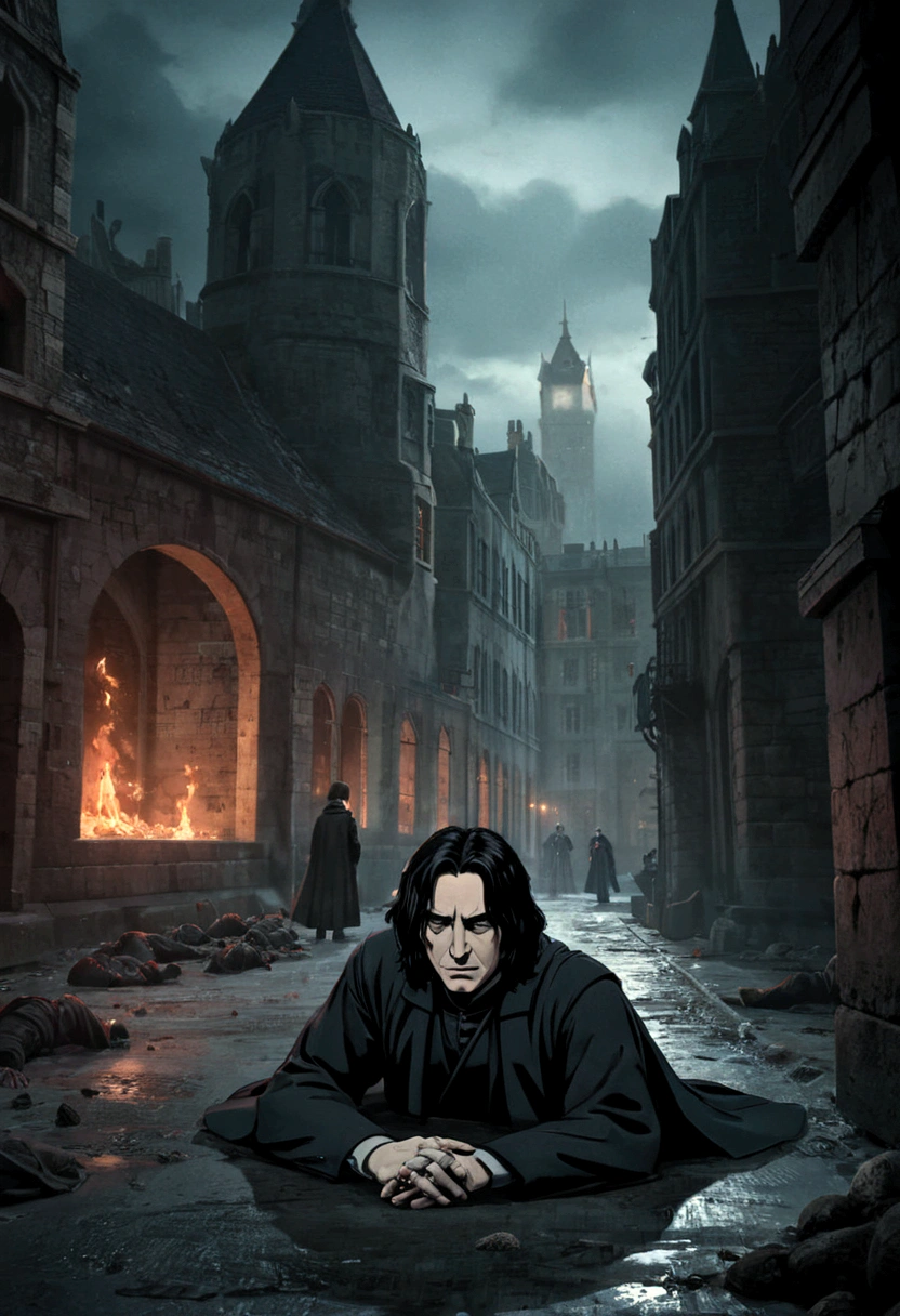 arafed image of a comic strip with a young severus snape laying on the ground, dead bodies in the background, exploitable image, sickening, random background scene,  background of hell.  badass composition, screenshot from  anime, cutscene footage, screenshot from a 2012s anime, gapmoe  grimdark