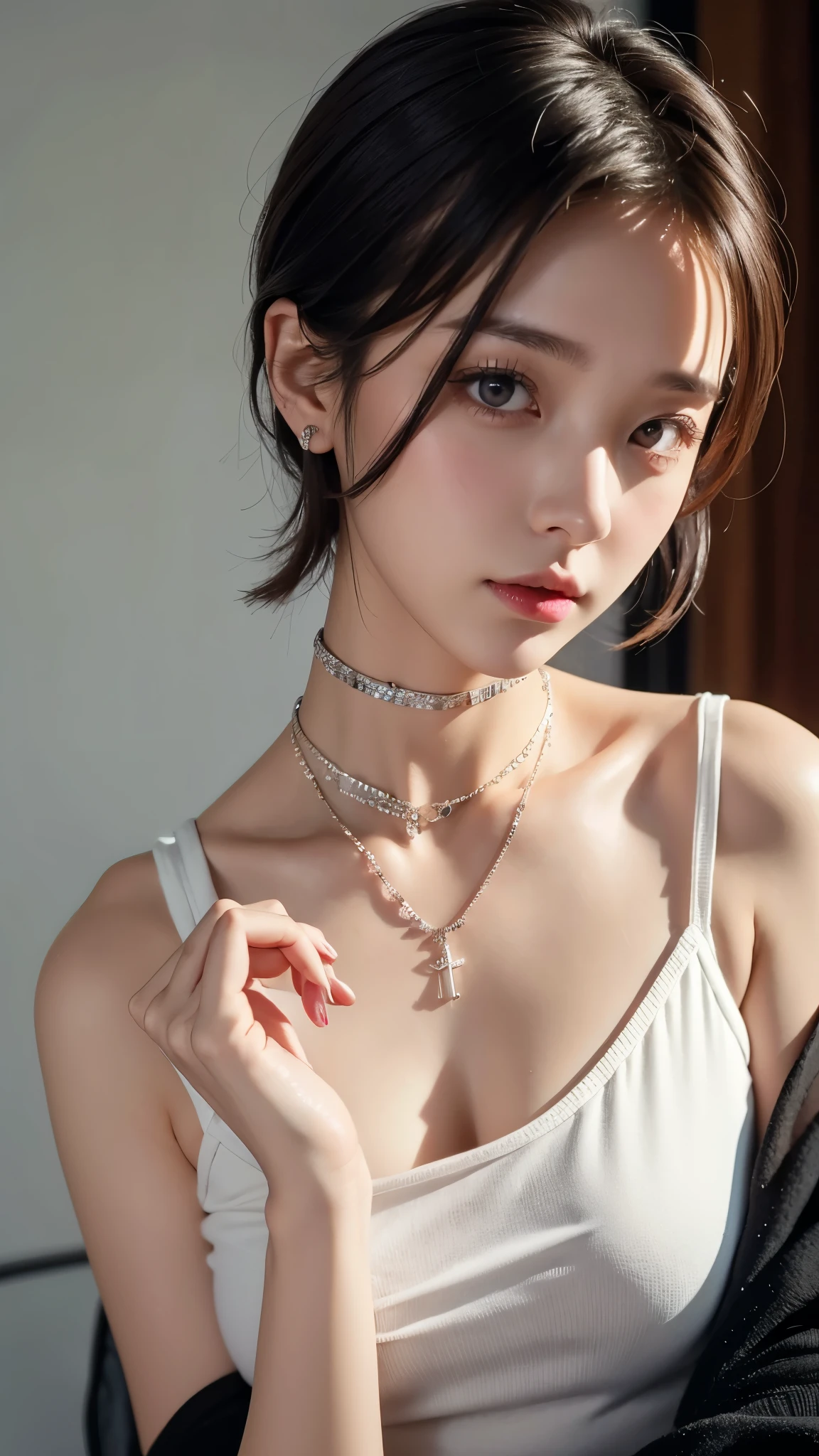 necessity, alone, 1 girl, 검은 Fingernail, jewel류, Short hair, looking at viewer, choker, necklace, touch one&#39;s face, piercing, ((black background)), heart mark, closed mouth, gray eyes, manicure, simple background, gray hair, ear piercing, Black choker, laugh, Eyelashes, Lips, Put your hand on your own cheek, forehead, bracelet, bead, jewel, earring, Fingernail, whole body
