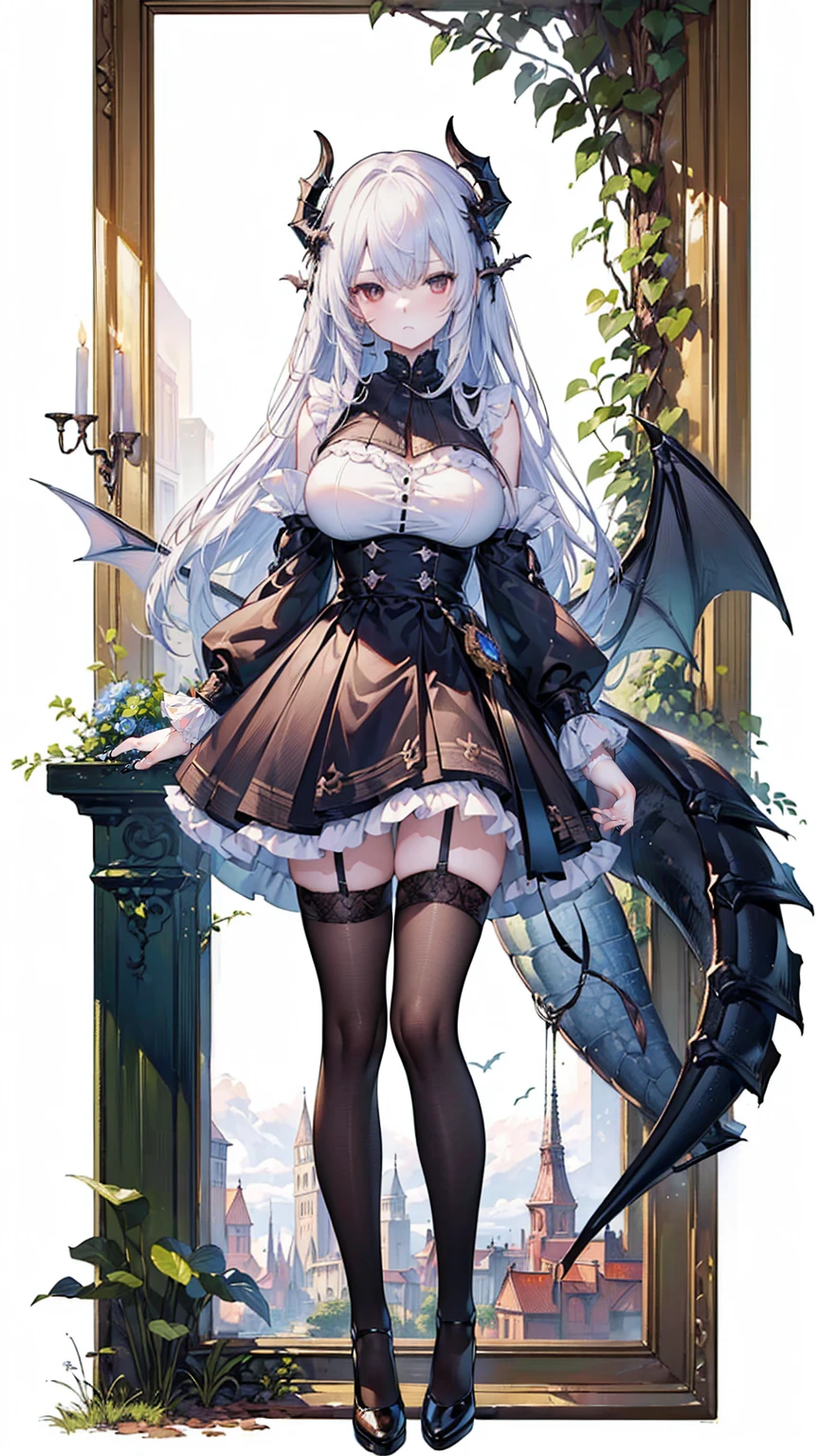 (masterpiece, top quality, best quality, official art, beautiful and aesthetic:1.3), (8k, best quality, masterpiece:1.2),(full body:1.3) (large breasts:1.2), long hair, black thighhighs, high heel, (microskirt:1.1), garter belt, dragon's horn,dragon's wing,