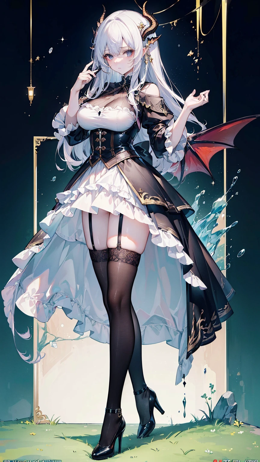 (masterpiece, top quality, best quality, official art, beautiful and aesthetic:1.3), (8k, best quality, masterpiece:1.2),(full body:1.3) (large breasts:1.2), long hair, black thighhighs, high heel, (microskirt:1.1), garter belt, dragon's horn,dragon's wing,