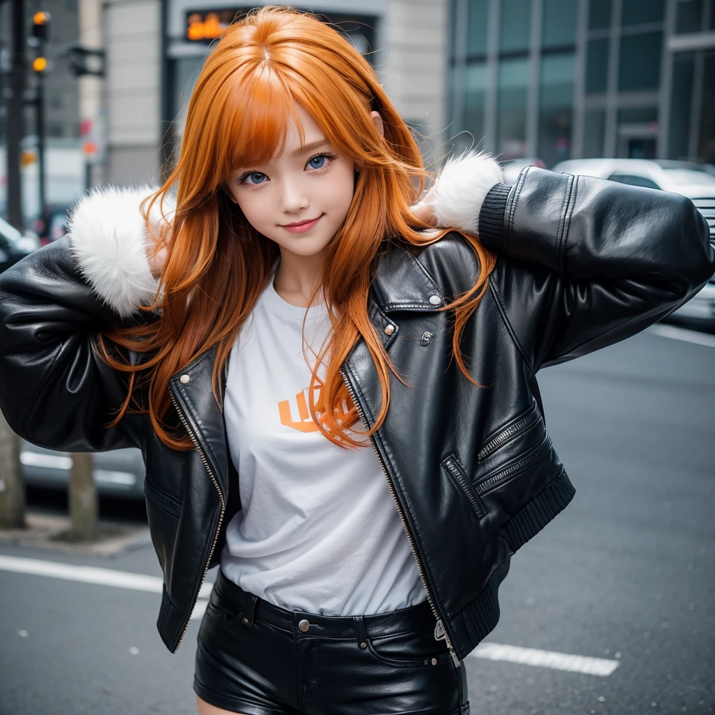 Elementary school girl,smile,Best Quality,middle School girls,8K,Super detailed,Highest quality,cute,fluffy,Angel,Long Hair,leather jacket,Leather pants,fur jacket,blue eyes,美しいcute女の子,Horny girl,Leather shorts,Hands in pockets,Orange hair color,Latest Fashion