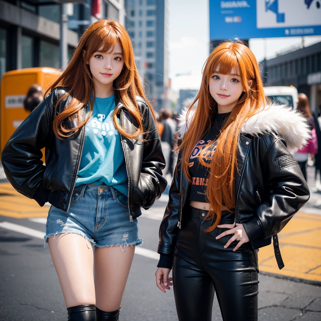 Elementary school girl,smile,Best Quality,middle School girls,8K,Super detailed,Highest quality,cute,fluffy,Angel,Long Hair,leather jacket,Leather pants,fur jacket,blue eyes,美しいcute女の子,Horny girl,Leather shorts,Hands in pockets,Orange hair color,Latest Fashion